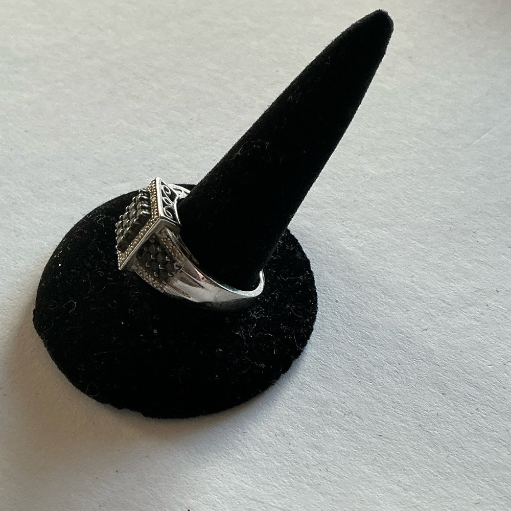Elegant Black and White Crystal Ring with Sterling Pave Band - Picture 2 of 4